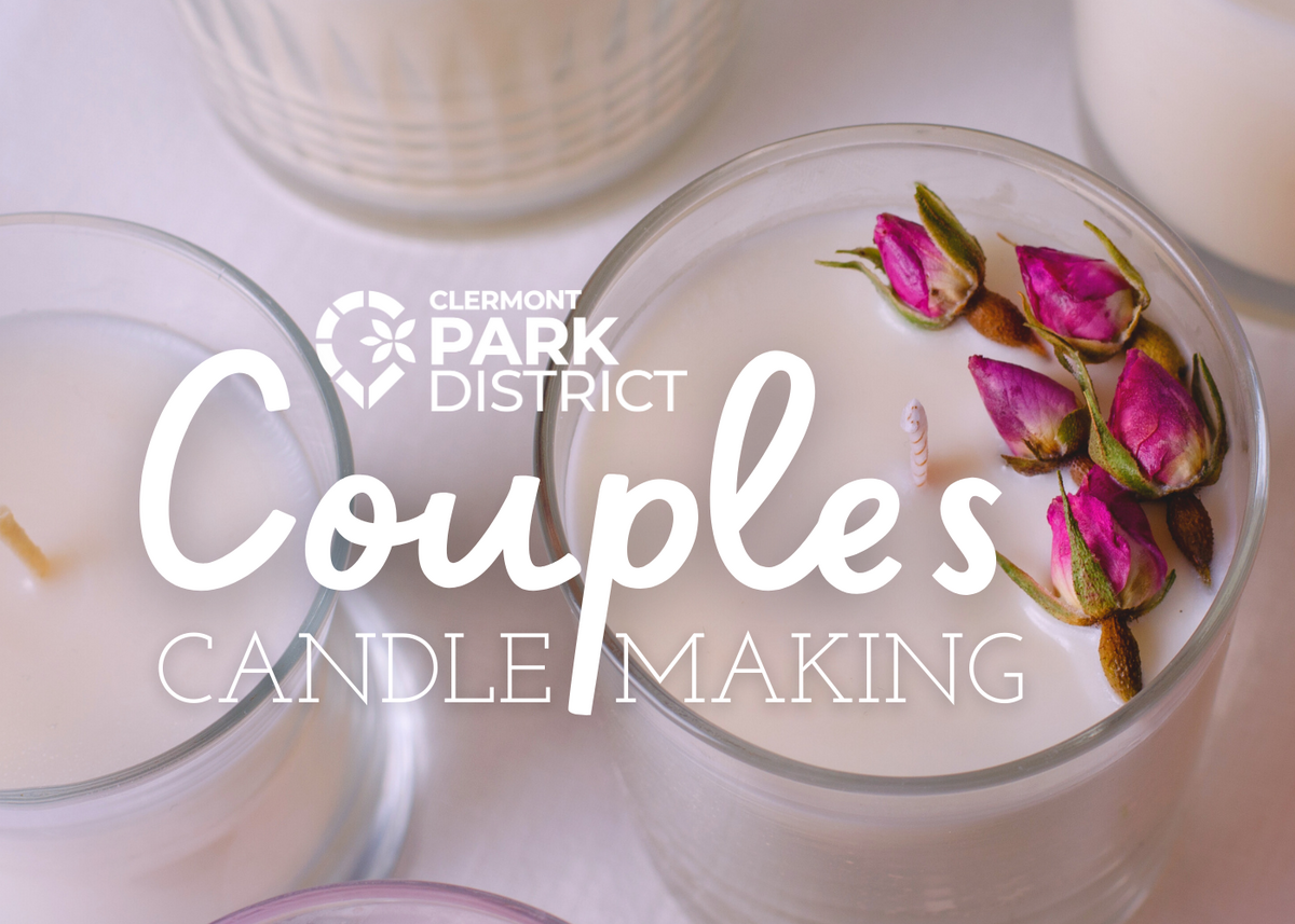 Couples Candle Making is superimposed on  a picture of several candles, one has dried roses inside